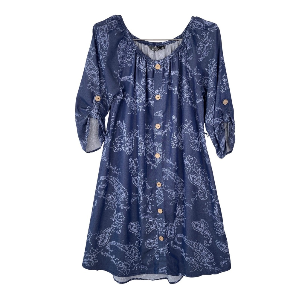 Mlle Gabrielle Navy Blue Paisley Floral Button Front Roll Tab Sleeve Dress M